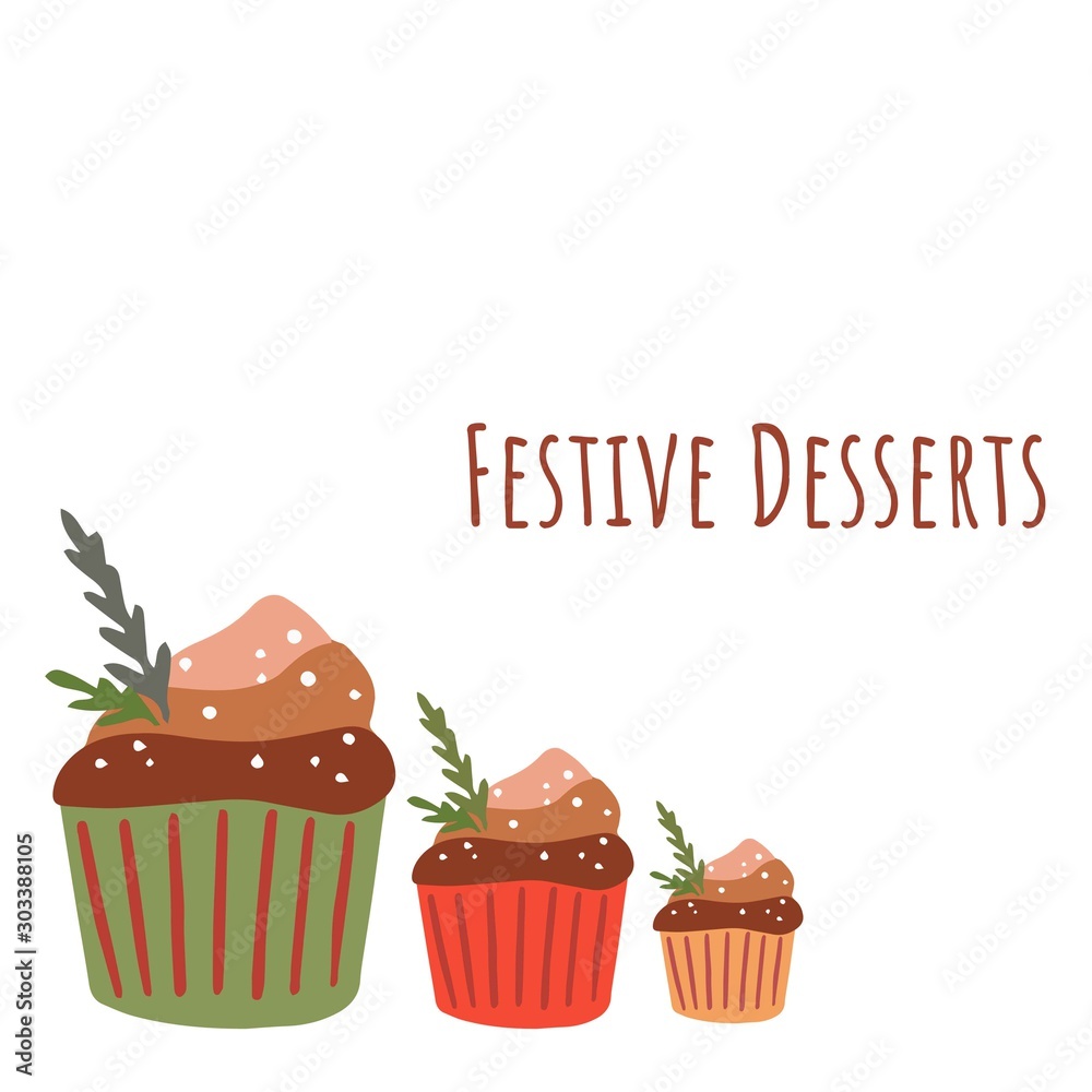 Vector set of sweet cupcakes. Muffin isolated on white background. Yummy dessert decorated with chocolate. Hand drawn Christmas vector illustration on white background for cards, banners, web, menu