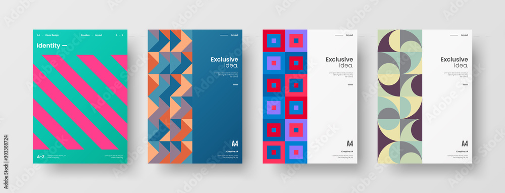 Fototapeta Business presentation vector A4 vertical orientation front page mock up set. Corporate report cover abstract geometric illustration design layout bundle. Company identity brochure template collection.