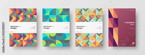 Business presentation vector A4 vertical orientation front page mock up set. Corporate report cover abstract geometric illustration design layout bundle. Company identity brochure template collection.