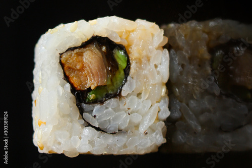 sushi rolls, traditional Japanese food (rice, nori and seafood) menu concept. food background. copy space. Top view