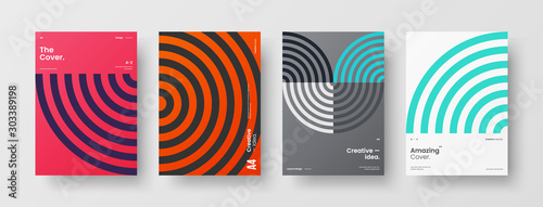 Business presentation vector A4 vertical orientation front page mock up set. Corporate report cover abstract geometric illustration design layout bundle. Company identity brochure template collection.