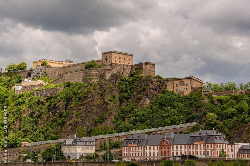Ehrenbreitstein fortress at Koblenz, Germany with dramatic sky in the background