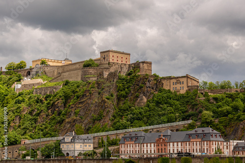 Ehrenbreitstein fortress at Koblenz, Germany with dramatic sky in the background