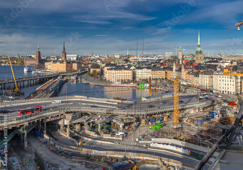 Slussen. Reconstruction. View on Gamlastan, Riddarholmen, Stadshus, Malardrottningen. Stockholm, Sweden photo