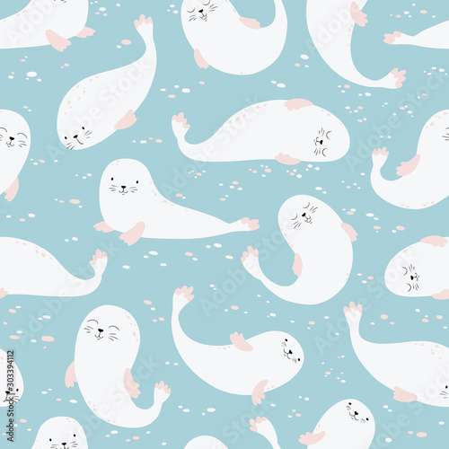 Fur seals seamless pattern. Vector cartoon illustration of a marine animal in a simple Scandinavian style. The limited beige palette is ideal for printing on fabric, textile, wrapping paper © Світлана Харчук