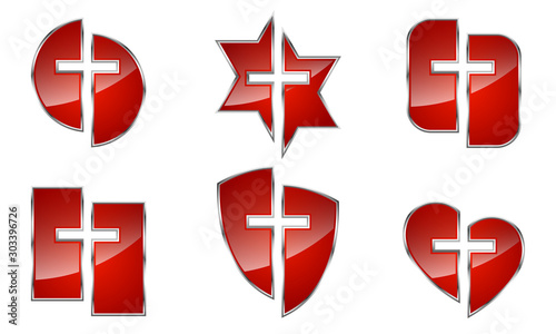 Set of red glossy christian symbols - vector.