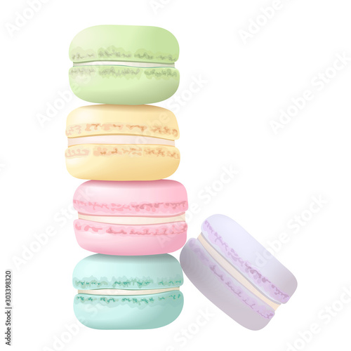 Cute tasty macaroons tower set. Sweet almond french cake macaron. Blue, rose, yellow, purple and green