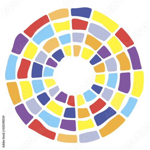 Colorful segmented concentric circles symbol. Suitable for logo or background design. Random colors brick tiles round figure.