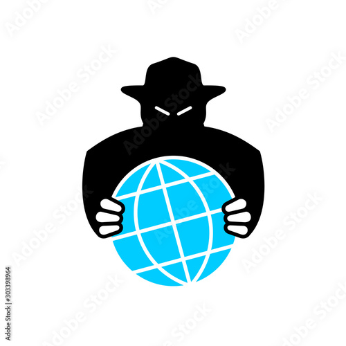 World aggressor symbol. Black silhouette of unknown evil person grabbing the Earth globe. World conspiracy logo.