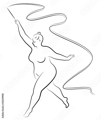Gymnastics. Silhouette of a girl with a ribbon. The woman is overweight, a large body. The girl is full. Vector illustration.