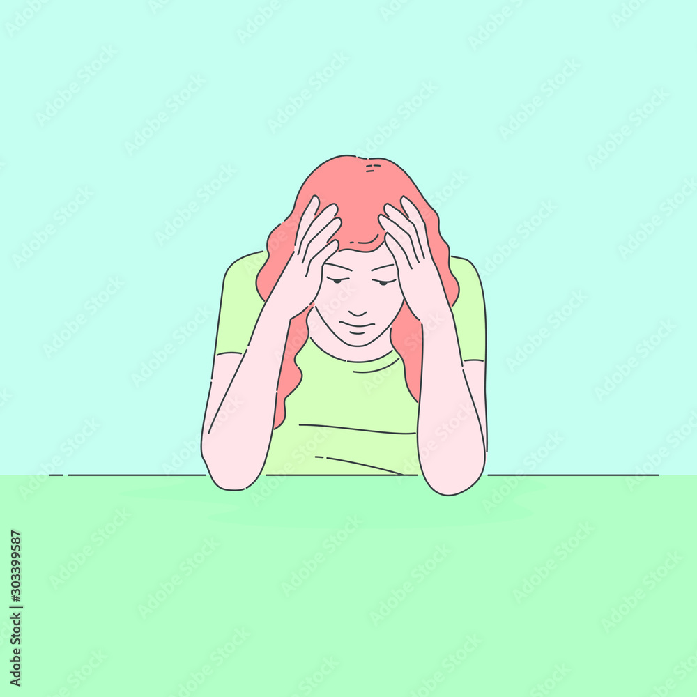 Girl with headache, holding her head with her hands, hand drawing style, EPS vector image.