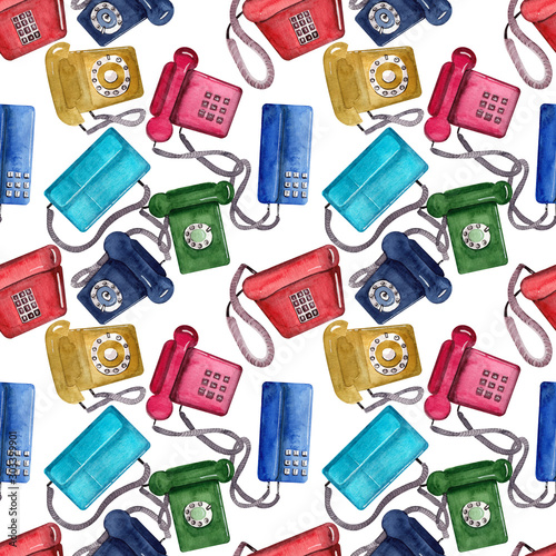 Watercolor seamless pattern with retro phones