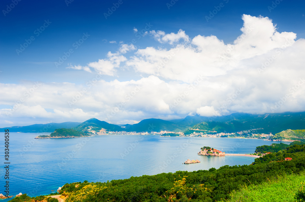 Beautiful view of sea coast near Budva, Montenegro. Summer landscape, sea view.