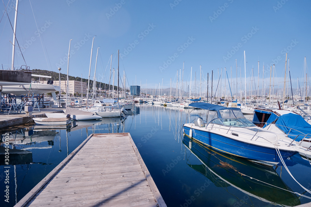 Fototapeta premium Marina harbour with beautiful white yachts in Split, Croatia.