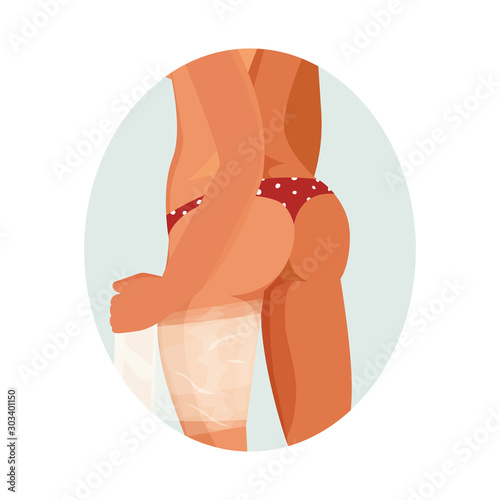 Slimming and fat burning and cellulite treatment concept. Girl doing plastic body wrap for her legs. Isolated vector illustration in flat style.