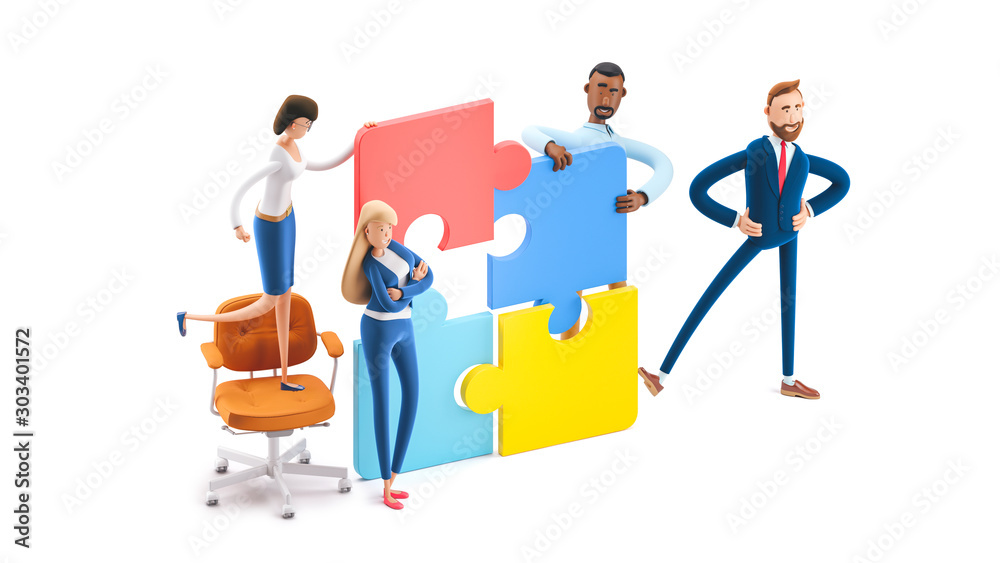 People connecting puzzle elements. 3d illustration. Cartoon characters. Business teamwork concept on white background. People connecting puzzle elements. 3d illustration. Cartoon characters. Business teamwork concept on white background.