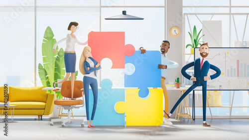 Fototapeta Naklejka Na Ścianę i Meble -  People connecting puzzle elements. 3d illustration.  Cartoon characters. Business teamwork concept. 