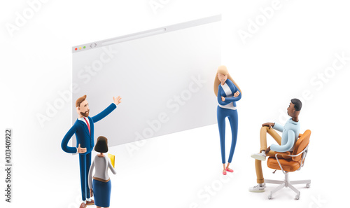 Concept of creative team. 3d illustration. Cartoon characters. A team of young professionals working on a landing page