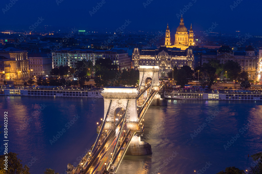 View of the beautiful Chain Budapest at night. Bridge over the Danube, which connects Buda with Pest