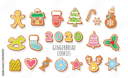 Christmas Gingerbread Cookies set. 2020 New Year numbers. Colorful cartoon decorative elements for kids. Vector