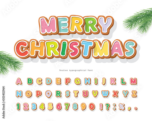 Christmas Gingerbread Cookie font. Bisquit traditional decorative alphabet. Hand drawn cartoon colorful letters, numbers and symbols for holidays design. Vector