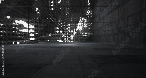 Abstract architectural concrete interior from an array of spheres with neon lighting. 3D illustration and rendering.