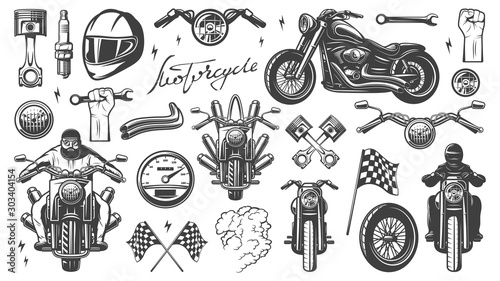 Motorcycle chopper, front and side, motorcycle driver, monochrome icon set with objects and attributes of motorbike, vector illustration. Racing helmet, piston, spark plug, wheel, headlamp, flag. photo