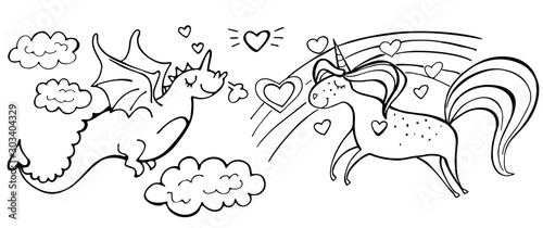Hand drawn magic cute unicorn, rainbow, heart and dragon isolated on white. Couple in love. Vector illustration. Perfect for print, coloring book, greeting card.