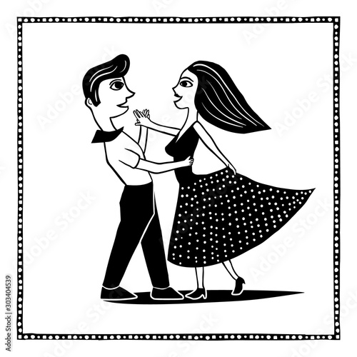 Cute couple dancing. Big party Festa junina traditional Brazilian woodcut style vector illustration photo