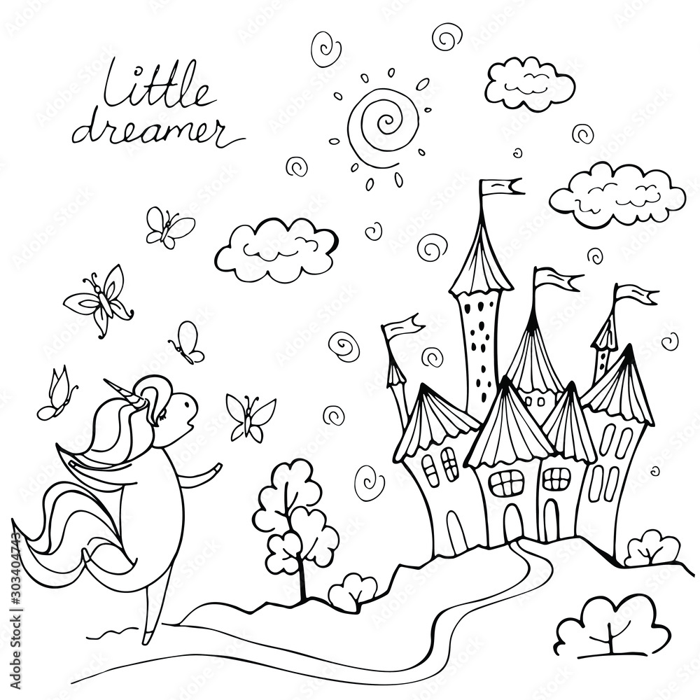 Magic cute unicorn with butterfly walking along the road to the castle isolated on white. Little dreamer. Hand drawn vector illustration. Perfect for print, coloring book, greeting card.