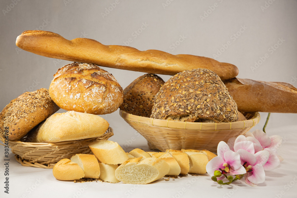 Fresh Homemade Plain bread and bread grain diet for healthy food from natural flour, good for everyone's breakfast on a white background.