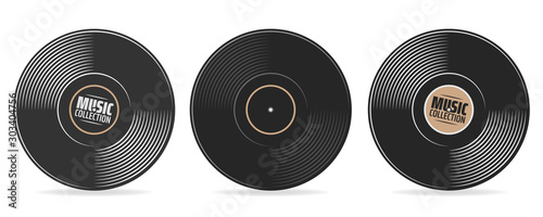 gramophone vinyl record with label. Music collection. old technology, retro sound design. vector illustration, isolated on white background photo