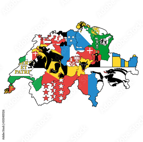 flags of cantons on map of switzerland