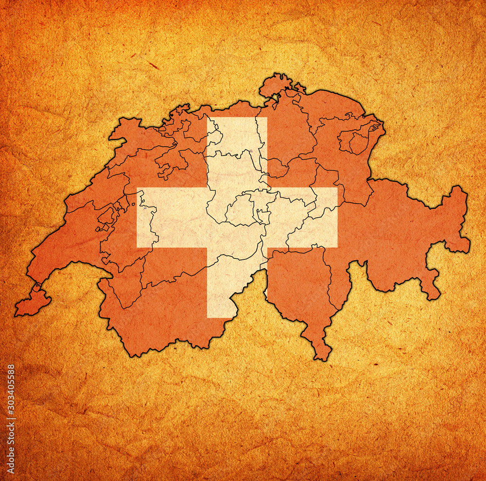Naklejka premium territories of cantons on map with flag of switzerland