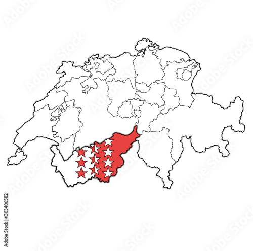 flag of Wallis canton on map of switzerland