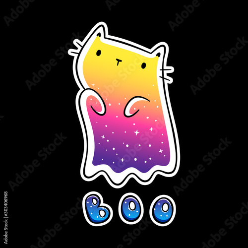 Kawaii colorful sparkling ghost kitty trying to spook you, boo lettering. Design for print (t-shirt, poster, greeting card, sticker). Hand drawn vector illustration. Isolated on black background.