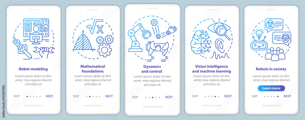 Robotics courses onboarding mobile app page screen vector template. Study robot engineering. Walkthrough website steps with linear illustrations. UX, UI, GUI smartphone interface concept