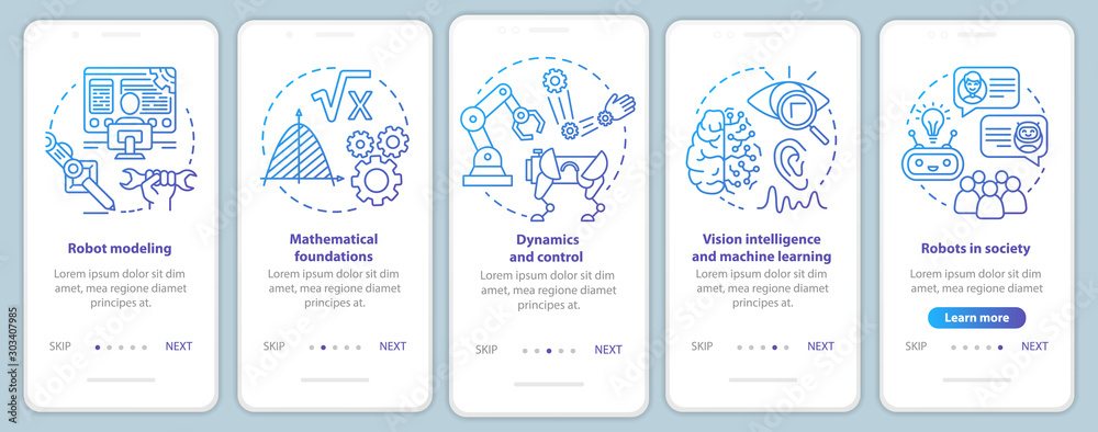 Robotics courses onboarding mobile app page screen vector template. Study robot engineering. Walkthrough website steps with linear illustrations. UX, UI, GUI smartphone interface concept Robotics courses onboarding mobile app page screen vector template. Study robot engineering. Walkthrough website steps with linear illustrations. UX, UI, GUI smartphone interface concept