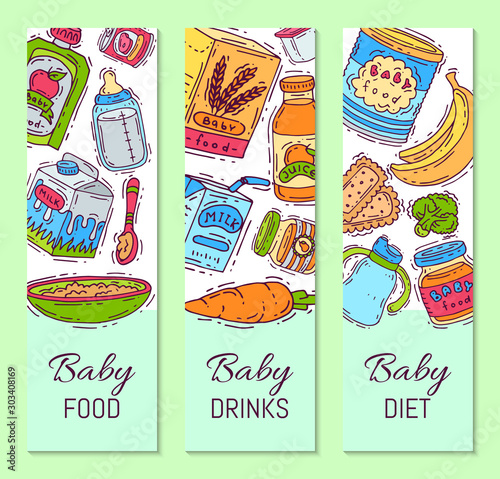 Baby food formula puree vector illustration. Nutrition for kids. Babies bottles and feeding. First meal product templates for vertical flyers