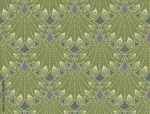 Art nouveau seamless pattern in green colors. Vintage elegant background