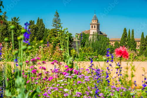 Idyllic garden in the amazing Generalife Palace in Granada. Andalusia, Spain.