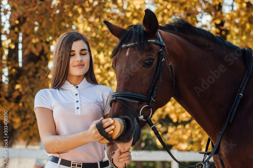 Young farmer woman combing her horse, concept about equestrian sport and love between people and animals.