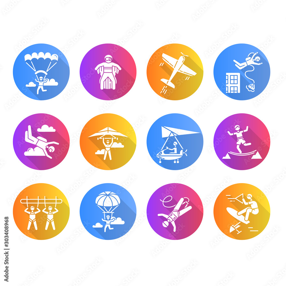 Air extreme sports flat design long shadow glyph icons set. Skydiving, parachuting, wingsuiting. Outdoor activities. Paragliding, aerobatics and bungee jumping. Adrenaline entertainment. Vector
