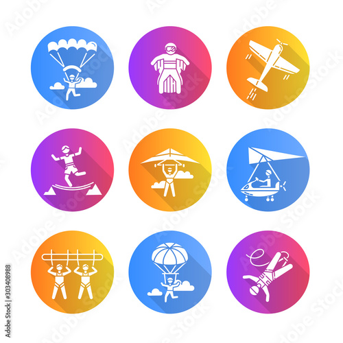 Air extreme sports flat design long shadow glyph icons set. Skydiving, parachuting, hang gliding, wingsuiting. Aerobatics, highlining, paragliding. Vector silhouette illustration