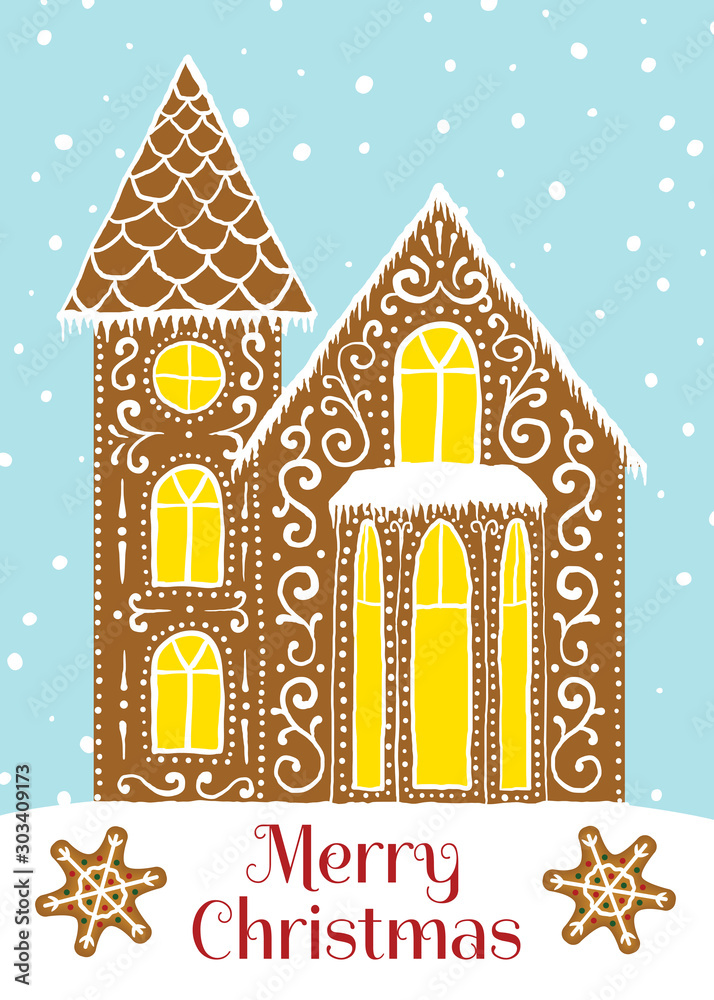 Merry Christmas greeting card with gingerbread house