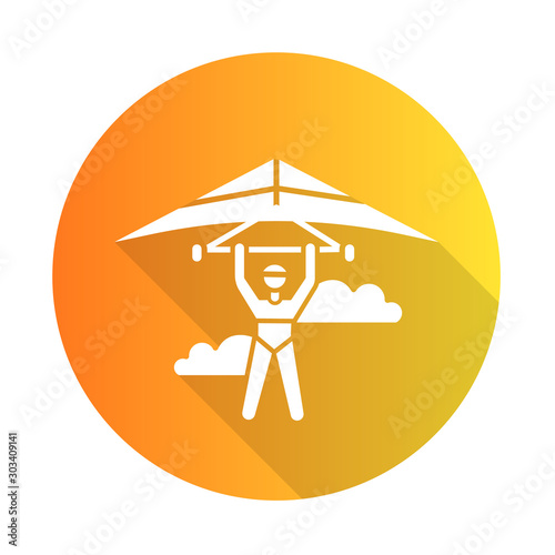 Hang gliding flat design long shadow glyph icon. Hangglider pilot flying. Extreme air sport. Skydiving stunt. Adrenaline flights in sky. Paragliding trick. Vector silhouette illustration