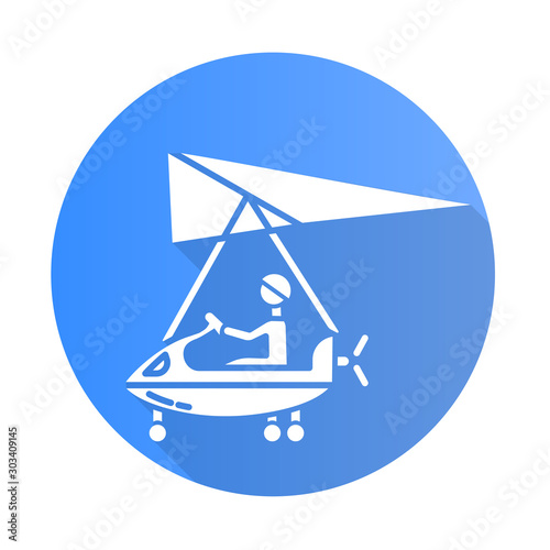 Ultralight aviation blue flat design long shadow glyph icon. Micro lighting. Air extreme sport. Microlight trick. Stunt flying. Ultra light aeroplane flights. Vector silhouette illustration