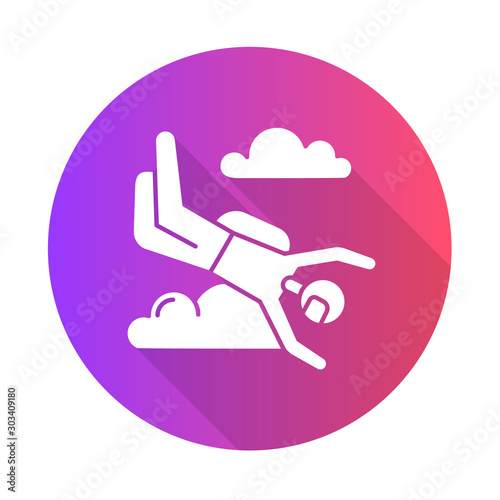 Skydiving purple flat design long shadow glyph icon. Sky diving. Freefall tricks. Skydiver jumping with parachute. Air extreme sport flight stunt. Parachutist in sky. Vector silhouette illustration