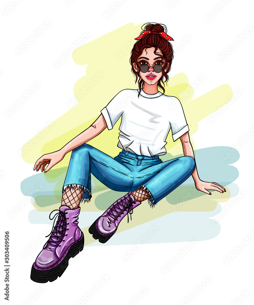 Girl in a white T-shirt, glasses, ripped jeans and lilac boots sits on the  ground. Hair in a bun with red ribbon. Fashion illustration. Street, casual  style. Stock Vector | Adobe Stock
