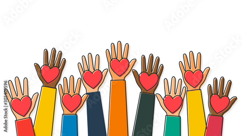 Charity, volunteering and donating concept. Raised up human hands with red hearts. Children's hands are holding heart symbols. Line art style